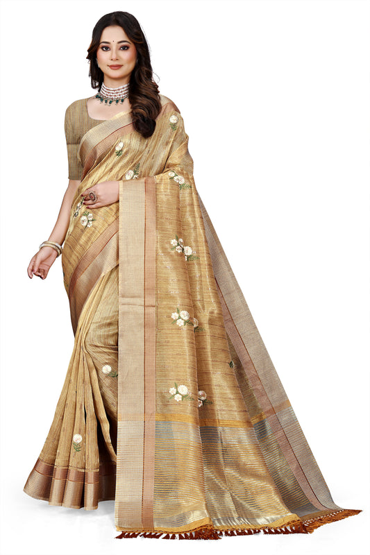 OWLSKY, SASSY & STYLO Women's Latest Elegant Linen Saree Foil Print work with Unstitched Blouse | Traditional Festive Collection Sage Golden Beige