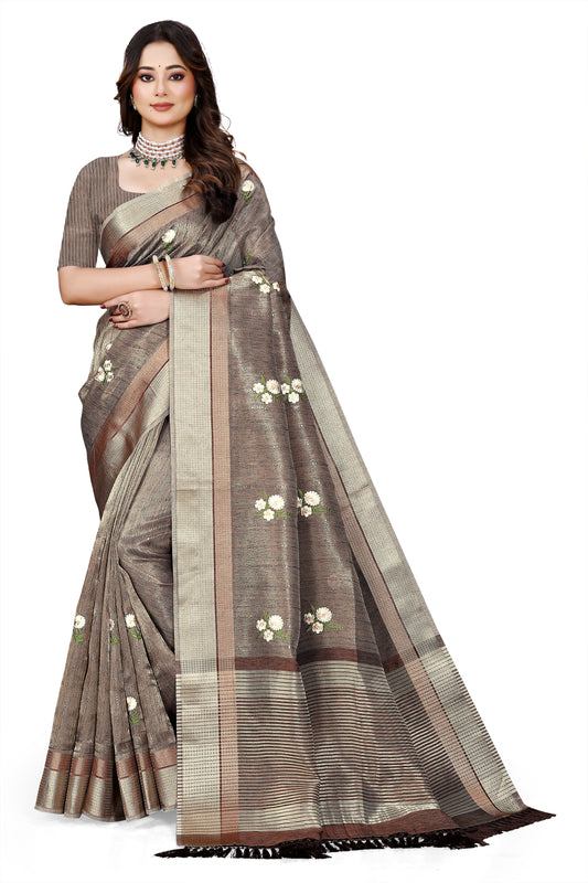 OWLSKY, SASSY & STYLO Women's Latest Elegant Linen Saree Foil Print work with Unstitched Blouse | Traditional Festive Collection Coffee Brown