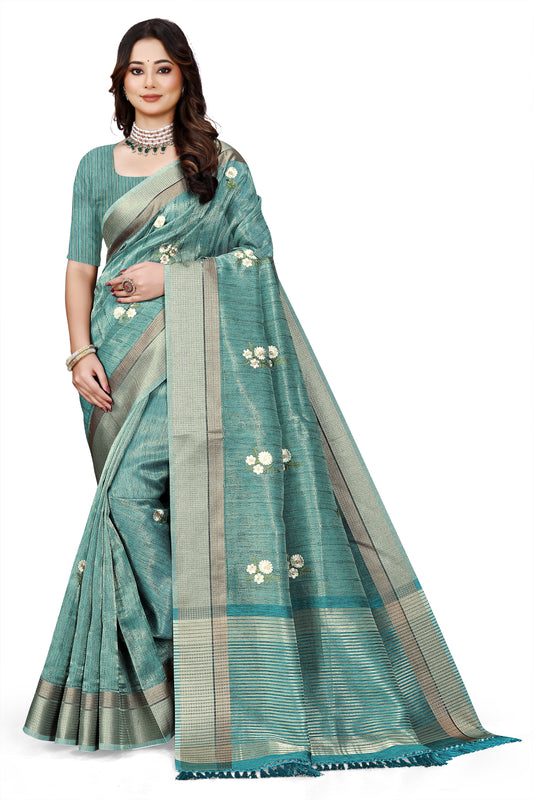 OWLSKY, SASSY & STYLO Women's Latest Elegant Linen Saree Foil Print work with Unstitched Blouse | Traditional Festive Collection Sage Teal Blue