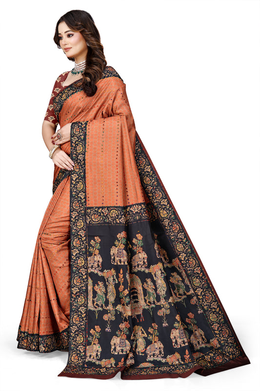 OWLSKY, SASSY & STYLO Women's Trendy Blended Silk Saree with Kalamkari Pallu & Designer Border | Festive Traditional Saree for Women | Traditional floral Motif | Saree With Unstiched Blouse Rust Orange