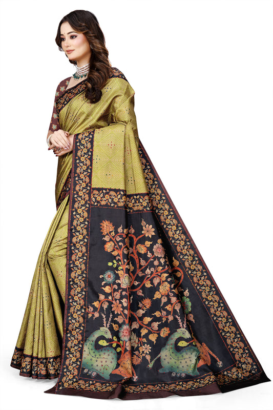 OWLSKY, SASSY & STYLO Women's Trendy Blended Silk Saree with Kalamkari Pallu & Designer Border | Festive Traditional Saree for Women | Traditional floral Motif | Saree With Unstiched Blouse Olive Green