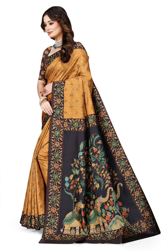 OWLSKY, SASSY & STYLO Women's Trendy Blended Silk Saree with Kalamkari Pallu & Designer Border | Festive Traditional Saree for Women | Traditional floral Motif | Saree With Unstitched Blouse Yellow