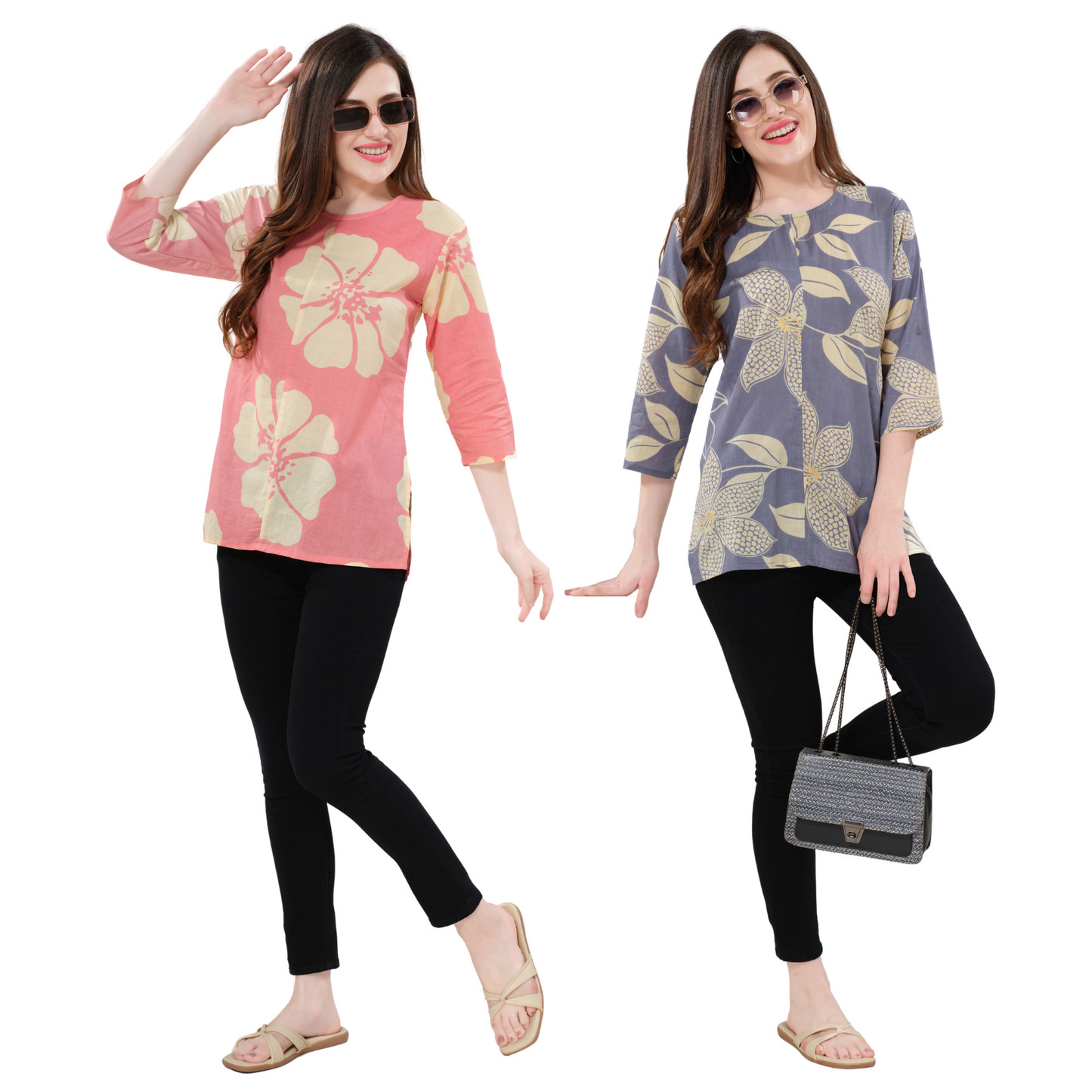 Owlsky Women’s Pure Cotton Jaipuri Printed Short Kurti Combo Pack of 2 – Free Size - Pink and Purple