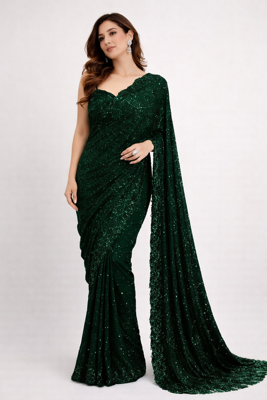 Georgette Saree with Heavy Embroidery, Zalar Pallu & Sequinned Cutwork Border