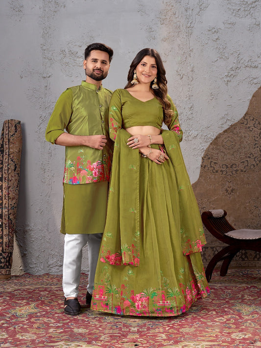 Owl Sky Couple Matching Embroidered Georgette Lehenga Choli & Menās Kurta Set with Sequins Work (Semi-Stitched, Wedding & Festive Wear) Green