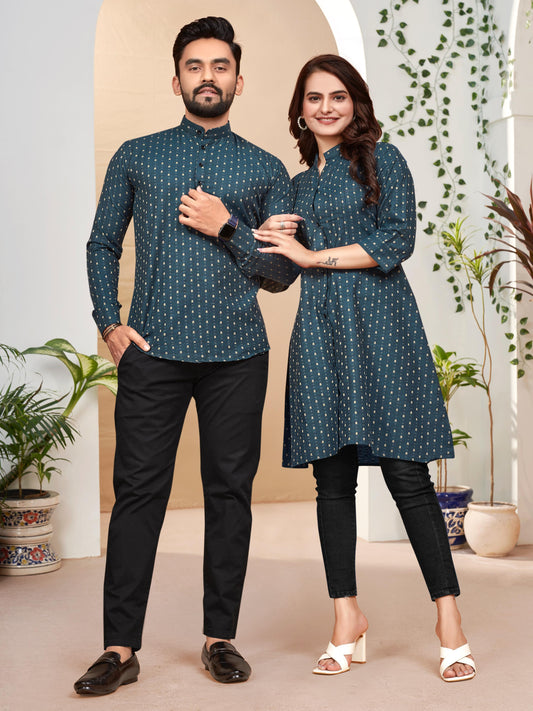 Owl Sky Elegant Couple Combo: Menās Shirt Kurta & Womenās Tunic Set Blue