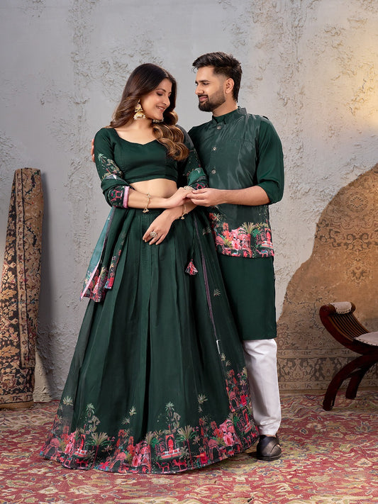 Owl Sky Couple Matching Embroidered Georgette Lehenga Choli & Menās Kurta Set with Sequins Work (Semi-Stitched, Wedding & Festive Wear) Dark Green
