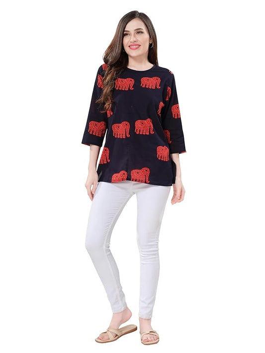 Owl Sky Womenās Pure Cotton Jaipuri Printed Short Kurti ā Black