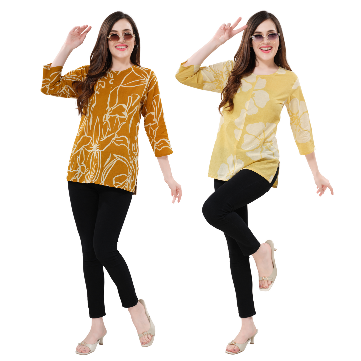 Owlsky Women’s Pure Cotton Jaipuri Printed Short Kurti Combo Pack of 2 – Free Size - Orange and Yellow