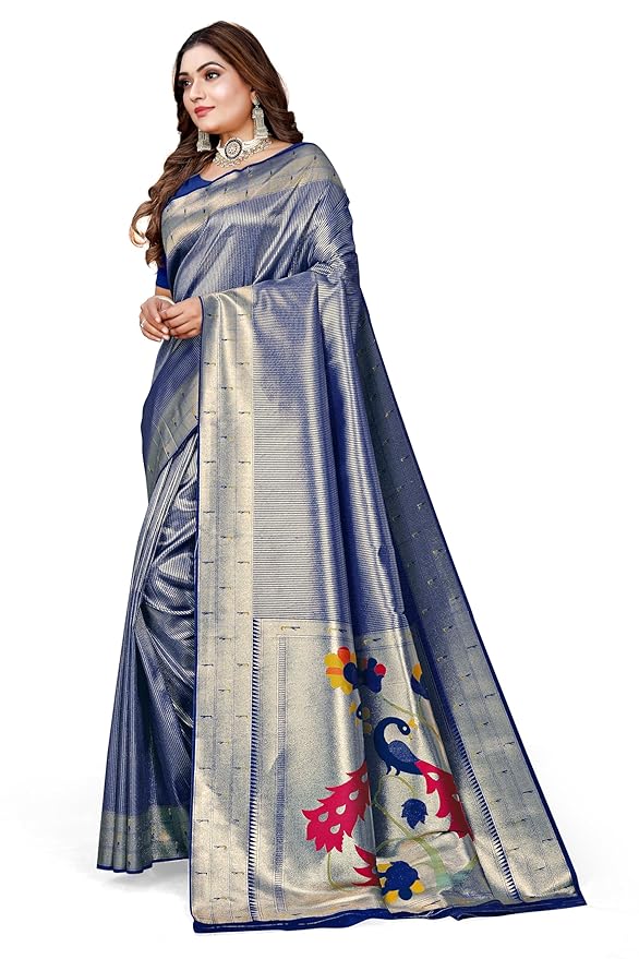 Owlsky Women’s Kanjivaram Silk Saree with Beautiful Paithani Rich Pallu | Design Work Zari Woven Kanjivaram Silk Style Saree With Soft Lichi Silk Blouse Navy Blue