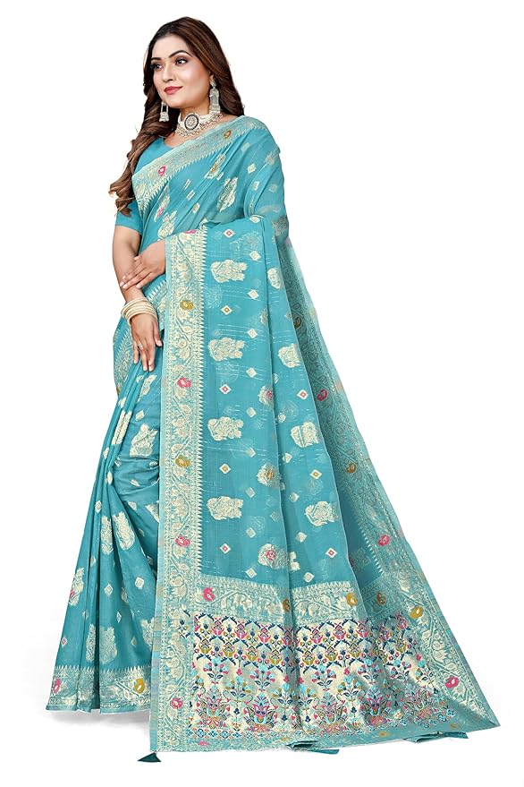 Owlsky Women’s Linen Tissue Silk Saree with Thread Weaving & Siroski Work | Included with Unstriched Blouse Piece | Sky Blue
