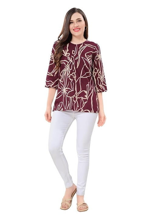 Owl Sky Women’s Pure Cotton Jaipuri Printed Short Kurti – Free Size Maroon