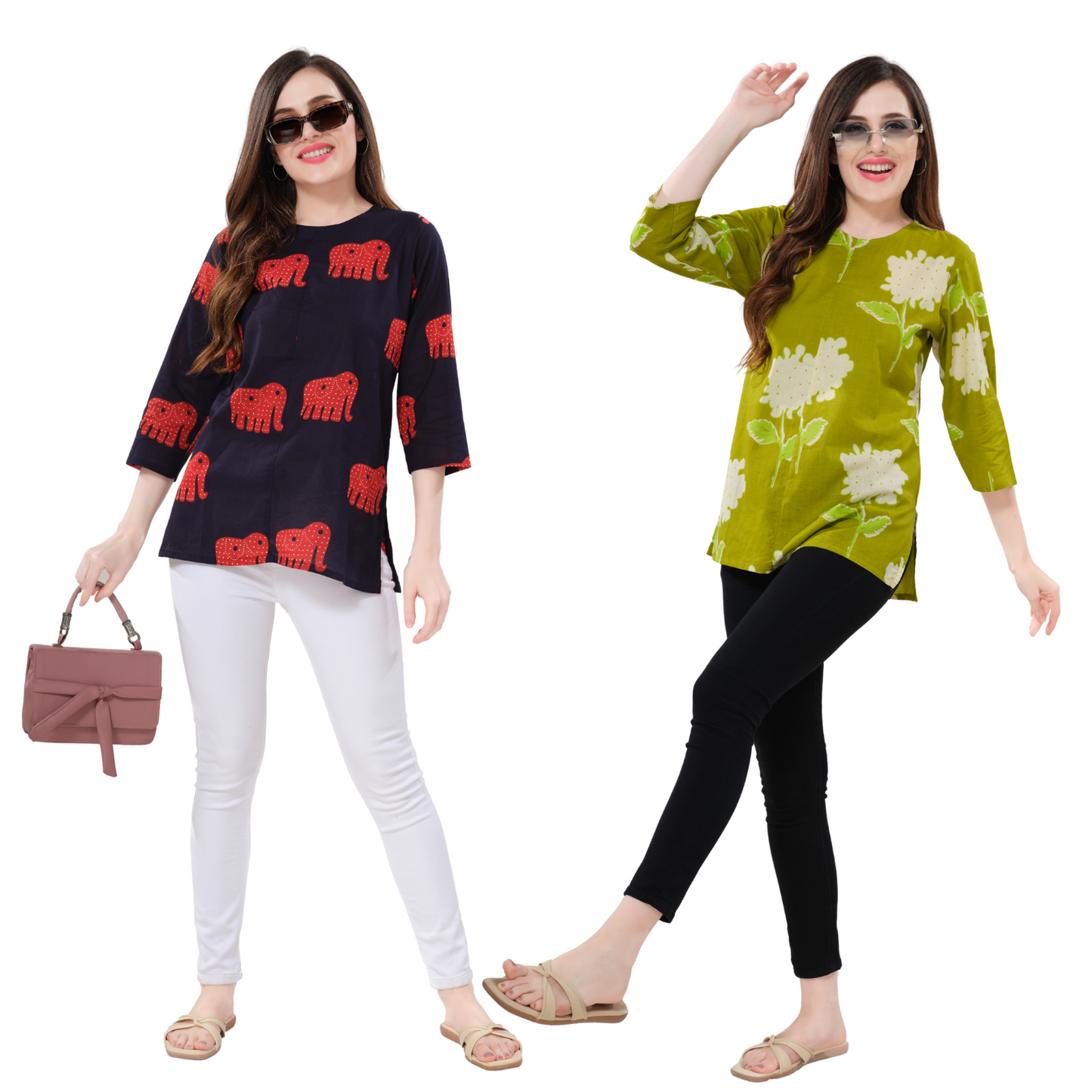 Owlsky Women’s Pure Cotton Jaipuri Printed Short Kurti Combo Pack of 2 – Free Size - Black and Green