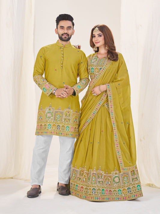 Owl Sky Couple Matching Embroidered Georgette Lehenga Choli & Menās Kurta Set with Sequins Work (Semi-Stitched, Wedding & Festive Wear) Pista Green