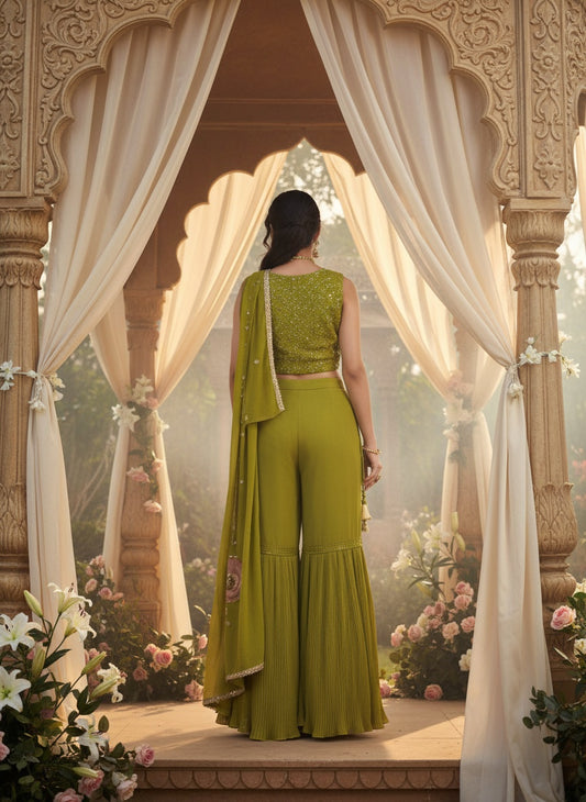 Womenās Georgette Siroski Embroidered Sharara Set with Dupatta | Designer Ethnic Kurta Sharara Suit for Wedding & Festive Wear