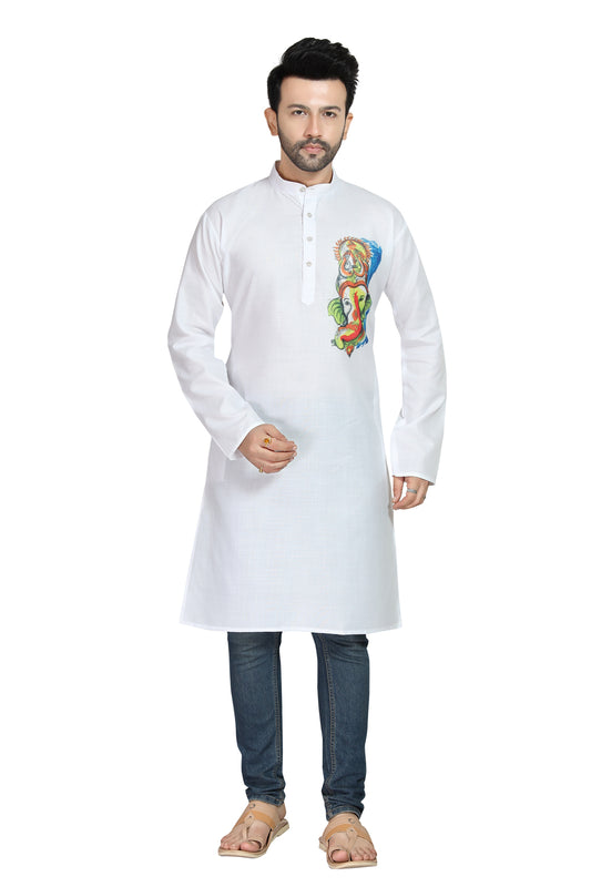 Men's Cotton Blend Digital Print White Kurta with Ganesha Print | Traditional Indian Wear | Ganpati Pooja Festival