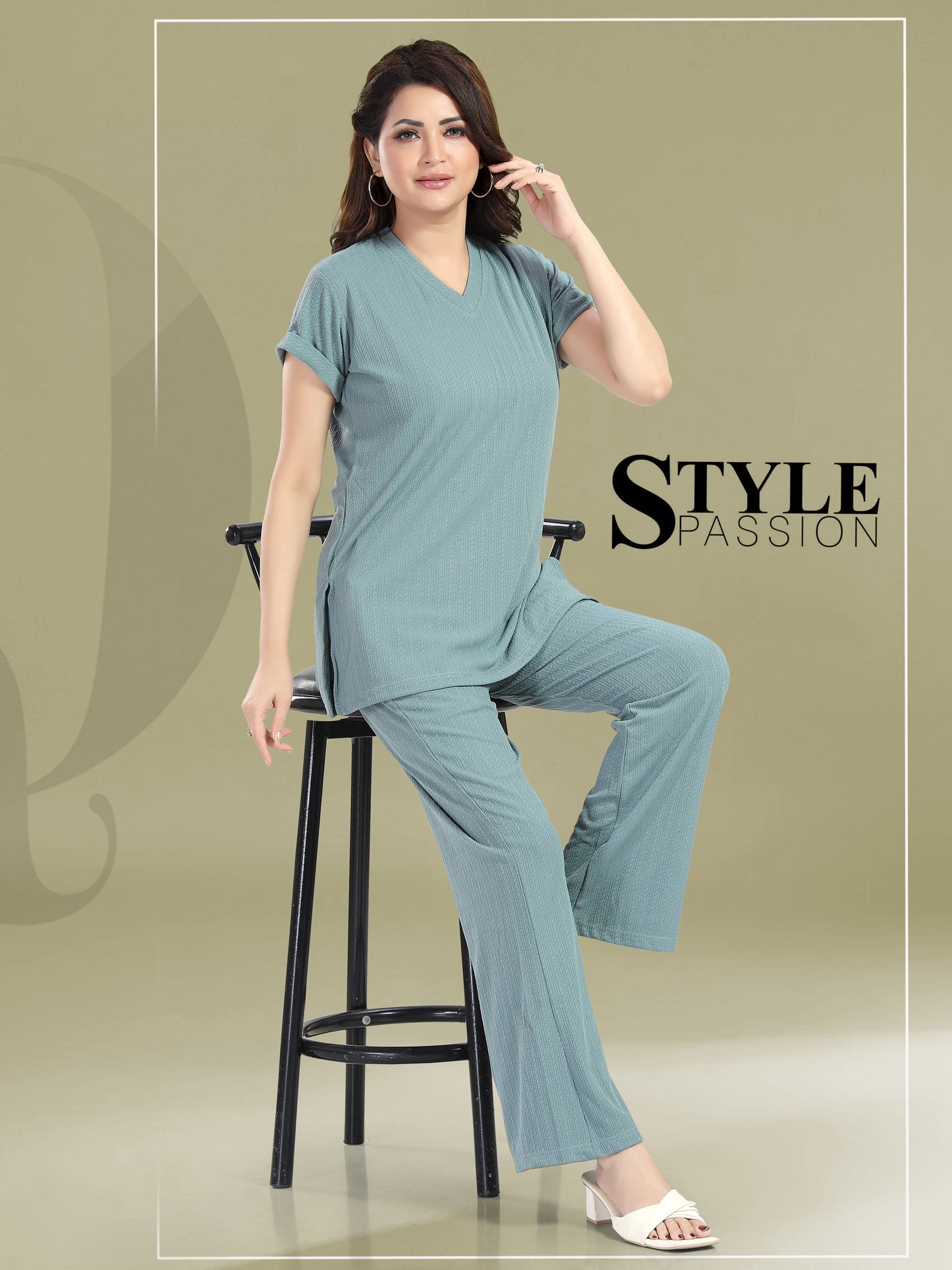 Women's V-Neck Short Sleeve Top and Flared Pants Set