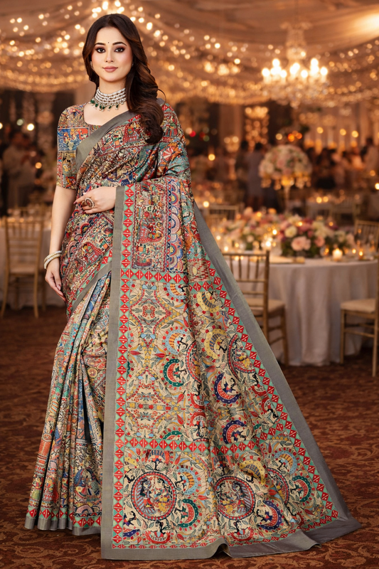 Madhubani Print Manipuri Silk Saree for Women | Indian Ethnic Party & Casual Wear | Unstitched Blouse Included Yellow