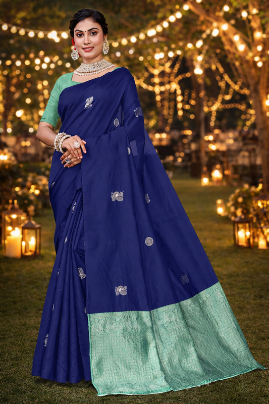 Owlsky Women's Kanjivaram Silk Saree Soft Banarasi Style with Golden & Silver Zari Border | Elegant Silk Look Saree with Unstitched Blouse Piece Navy Blue