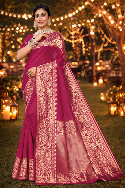 Kanjivaram Cotton Silk Saree for Women with Zari Border | Traditional Indian Saree with Unstitched Blouse Piece | Lightweight Festival Wear Saree | Elegant Soft Cotton Silk Saree Magenta Pink