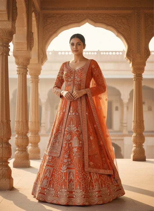 Womenās Orange Embroidered Bridal Lehenga Choli with Dupatta | Designer Wedding & Reception Wear Ethnic Lehenga Set