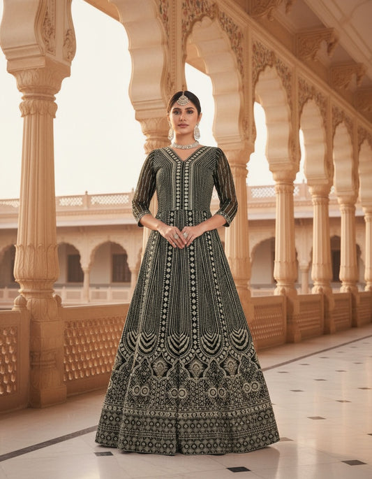 Womenās Black Embroidered Anarkali Gown | Designer Ethnic Floor-Length Dress for Wedding & Festive Wear