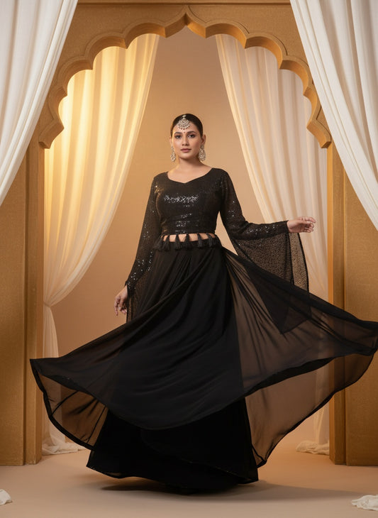 Womenās Black Sequin Georgette Anarkali Gown | Designer Party Wear Ethnic Dress with Flared Sleeves | Wedding & Evening Wear Outfit