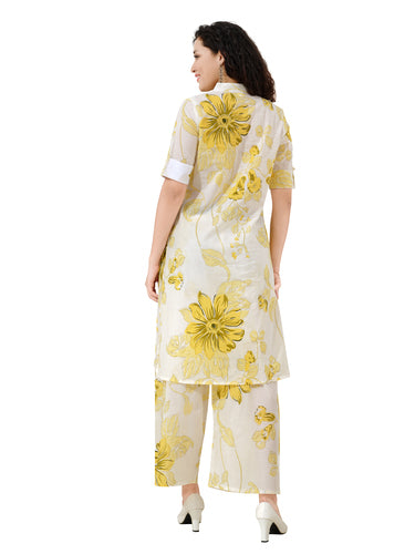 OWLSKY, SASSY & STYLO Women’s Cotton Floral Printed Co-ord Set of Kurta and Pants | Stylish Casual Two-Piece Outfit | V Neck 3/4 Sleeve | Casual Wear With Pockets Yellow