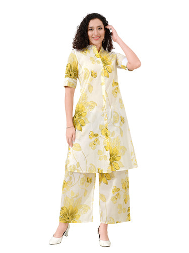 OWLSKY, SASSY & STYLO Womenās Cotton Floral Printed Co-ord Set of Kurta and Pants | Stylish Casual Two-Piece Outfit | V Neck 3/4 Sleeve | Casual Wear With Pockets Yellow
