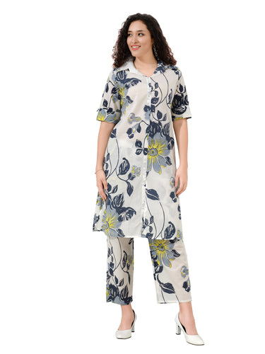 OWLSKY, SASSY & STYLO Women’s Cotton Floral Printed Co-ord Set of Kurta and Pants | Stylish Casual Two-Piece Outfit | V Neck 3/4 Sleeve | Casual Wear With Pockets White