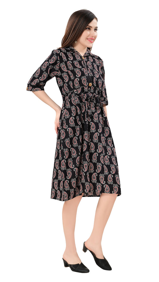 Owlsky Women’s Kalamkari Printed Pure Cotton One Piece Stylish Dress with Front Knot | Knee Length | Indo-Western Ethnic Gown Comfortable Perfect for Every Occasion Black