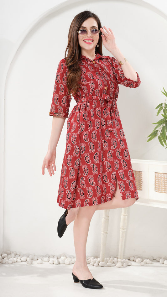 Owlsky Womenās Kalamkari Printed Pure Cotton One Piece Stylish Dress with Front Knot | Knee Length | Indo-Western Ethnic Gown Comfortable Perfect for Every Occasion Red