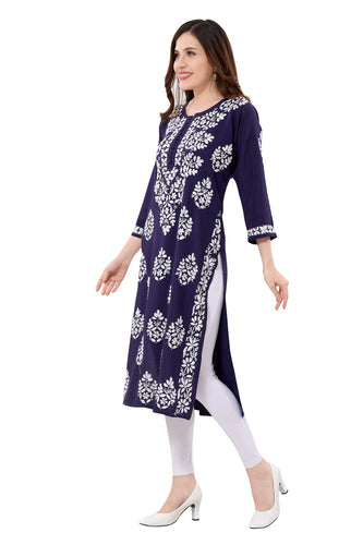 Owl Sky Lakhnavi Kurti – Premium Rayon Fabric, Elegant Ethnic Wear Maroon ( Blue )