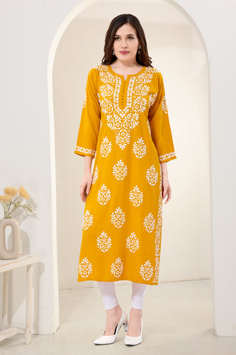 Owl Sky Lakhnavi Kurti ā Premium Rayon Fabric, Elegant Ethnic Wear Maroon ( Yellow )