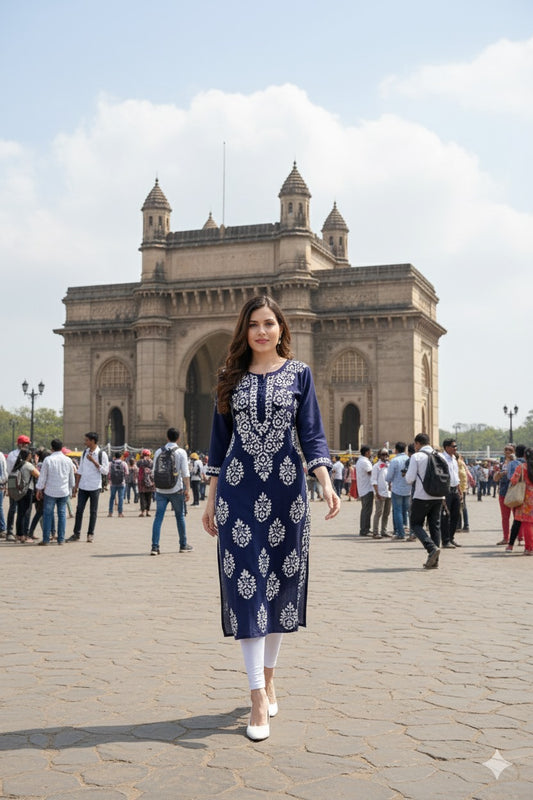 Owl Sky Lakhnavi Kurti ā Premium Rayon Fabric, Elegant Ethnic Wear Maroon ( Blue )