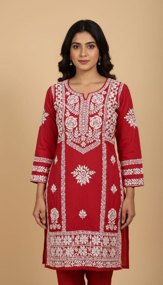 Owlsky Women Red & White Lakhnavi Chikankari Modal Kurta with Palazzos