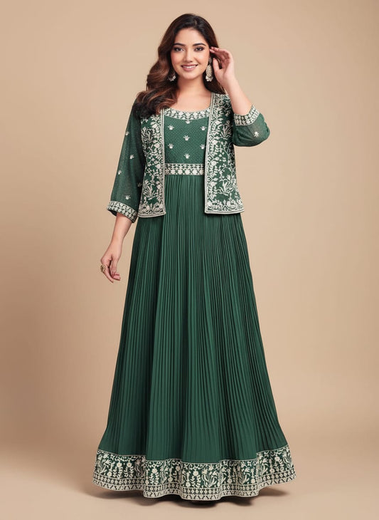 Womenās Dark Green Embroidered Anarkali Gown with Jacket | Designer Ethnic Floor-Length Dress for Wedding & Festive Wear