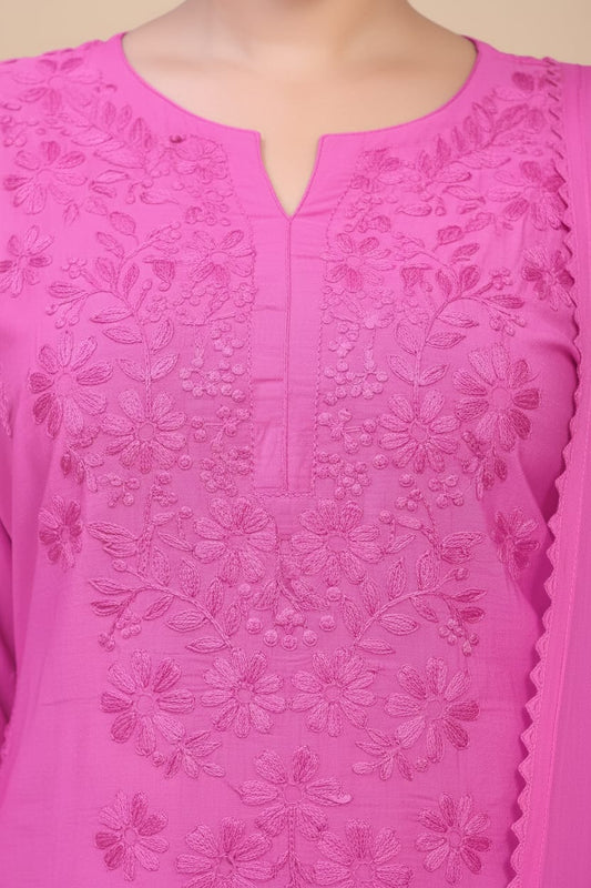 Premium Chanderi Silk Chikankari Kurta With Pant & Dupatta | Embroidered Chikankari Suit Set-Pink