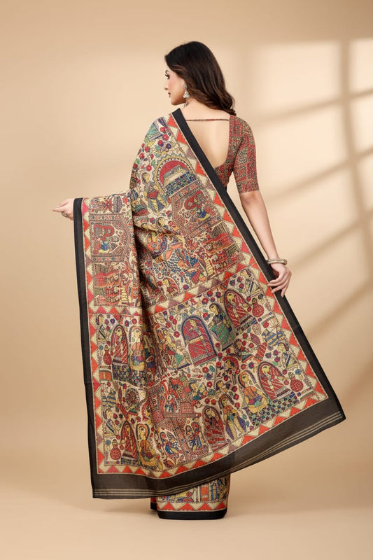 Madhubani Print Manipuri Silk Saree for Women | Indian Ethnic Party & Casual Wear | Unstitched Blouse Included - Black Border