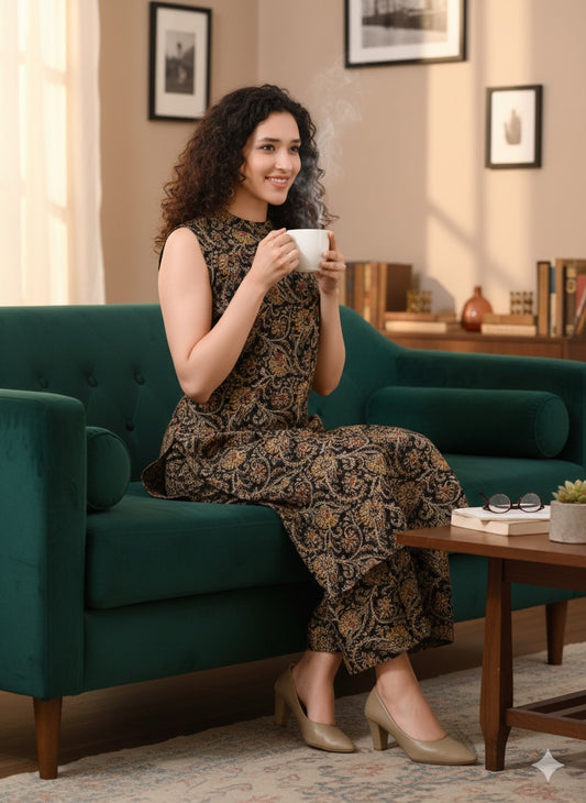 Handcrafted Kalamkari Print Pure Cotton Kurta Set ( With sleeves inside )