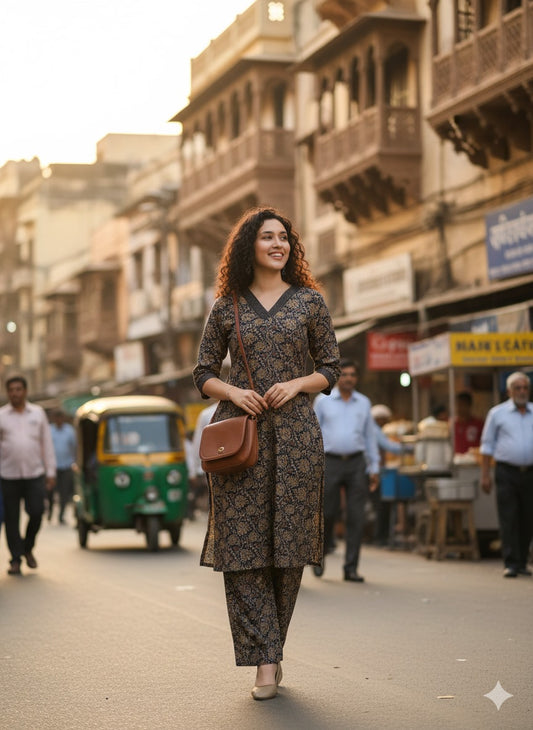 Kalamkari Print Pure Cotton V-Neck Co-ord Set