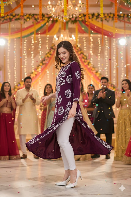 Owl Sky Lakhnavi Kurti ā Premium Rayon Fabric, Elegant Ethnic Wear Maroon