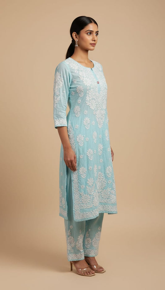 Owlsky Women Beige Lakhnavi Chikankari Modal Kurta with Palazzos-Sky Blue