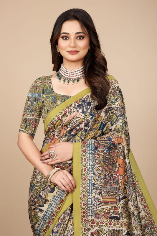 Madhubani Print Manipuri Silk Saree for Women | Indian Ethnic Party & Casual Wear | Unstitched Blouse Included-Cream