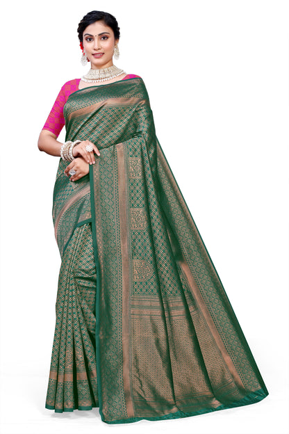 Owlsky Women's Kanjivaram Silk Saree Soft Banarasi Style with Golden & Silver Zari Border | Elegant Silk Look Saree with Unstitched Blouse Piece Bottle Green