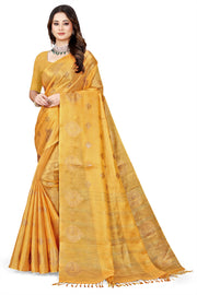 OWLSKY, SASSY & STYLO Women's Elegant Linen Weaving Saree with Unstitched Blouse Piece Golden