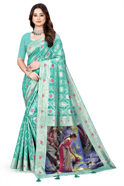 OWLSKY, SASSY & STYLO Jacquard Saree for Women | Elegant Weaving Work | Jacquard Silk Saree with Unstitched Blouse for Women | Unique Digital Pallu Art Sea Green