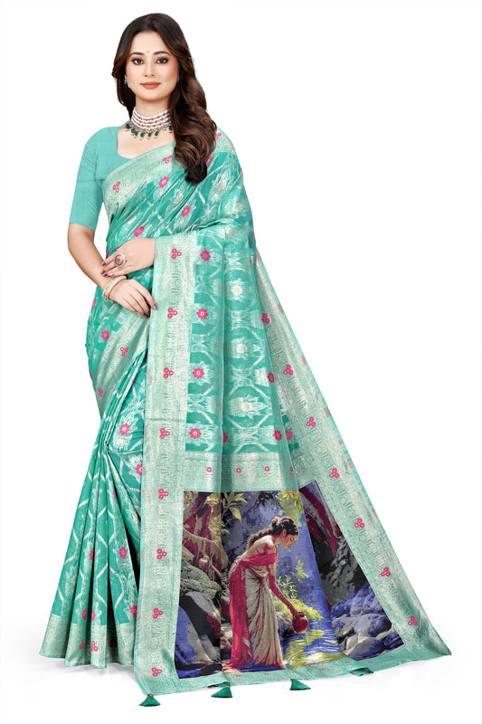 OWLSKY, SASSY & STYLO Jacquard Saree for Women | Elegant Weaving Work | Jacquard Silk Saree with Unstitched Blouse for Women | Unique Digital Pallu Art Sea Green