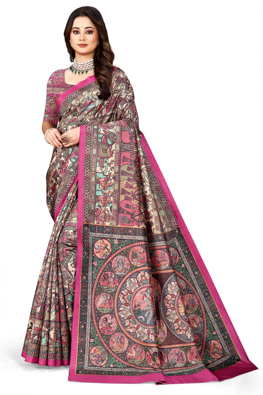 Madhubani Print Manipuri Silk Saree for Women | Indian Ethnic Party & Casual Wear | Unstitched Blouse Included-Pink
