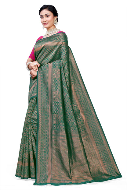 Owlsky Women's Kanjivaram Silk Saree Soft Banarasi Style with Golden & Silver Zari Border | Elegant Silk Look Saree with Unstitched Blouse Piece Bottle Green